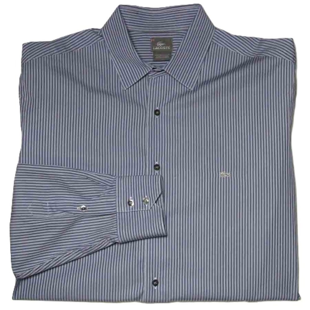 Lacoste Long Sleeve Shirt Button Down Blue Gray Striped Men's Size 44 or XL
